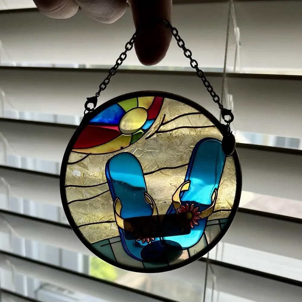 Set of 2 Amia Hand Painted Glass Flip Flop Beach Suncatchers 3.5” Hanging Decor